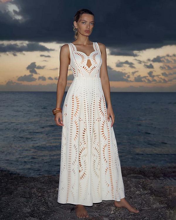 Extro & Vert White Hollow One Piece Swimsuit&Long Skirt