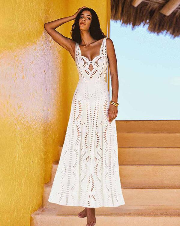 extro & vert White Hollow One Piece Swimsuit&Long Skirt