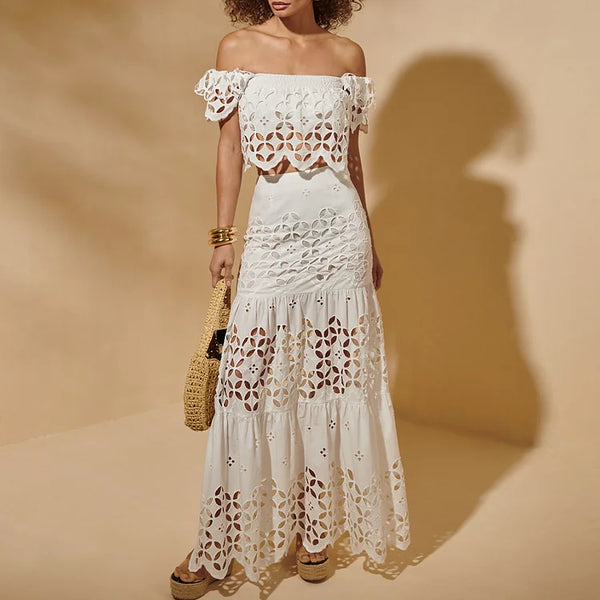 Extro & Vert White Hollowing Design Ruffled Sleeves Bikini Swimsuit And Skirt