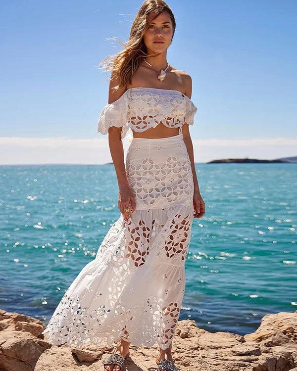 extro & vert White Hollowing Design Ruffled Sleeves Bikini Swimsuit and Skirt