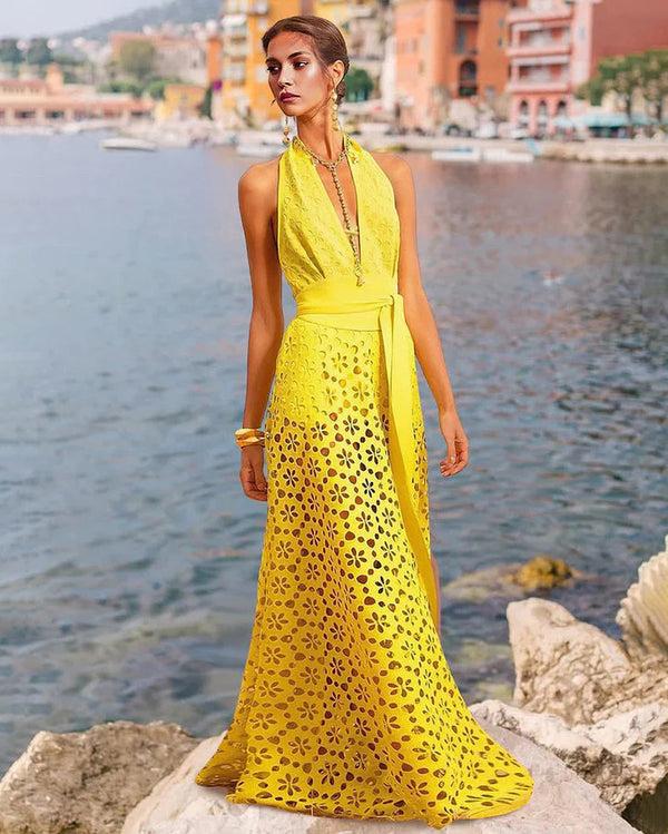 extro & vert Yellow Color Laser Cutting Flower Hollow One Piece Swimsuit and Skirt