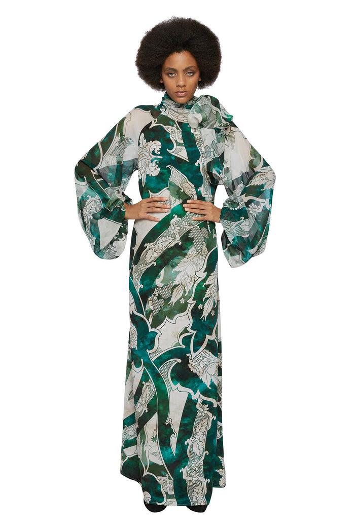 F.r.s. For Restless Sleepers ARPOCRATE DRESSES Ornamental Ramages Ivory Emerald