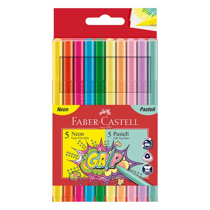 Faber Castell Grip Felt-tip Pen Neon + Pastel Cardboard Wallet Of 10 #155312 Markers