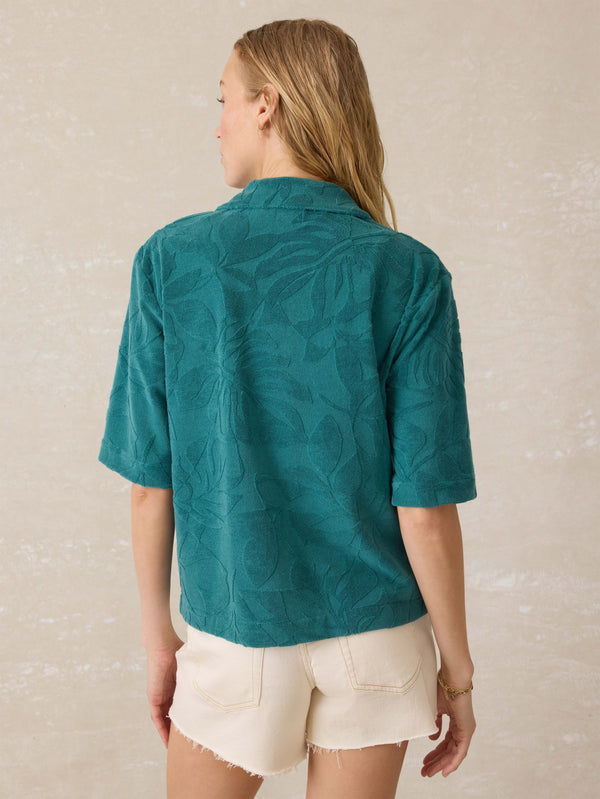 Faherty Cabana Towel Terry Camp Shirt - Emerald Poolside Foliage Women's Button Ups