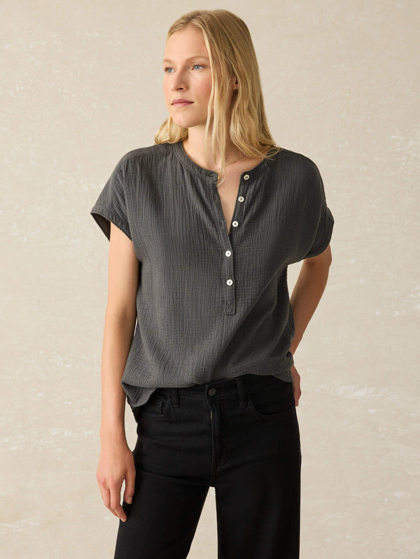 Faherty Dream Cotton Gauze Desmond Blouse - Washed Black Women's Tops