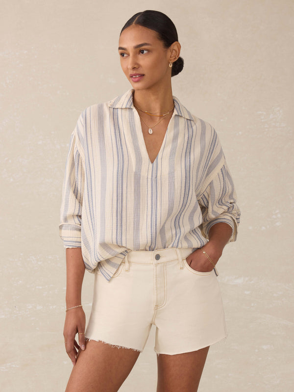 faherty Dune Cotton Gauze Sail Away Top - Aqua Sea Stripe Women's Tops