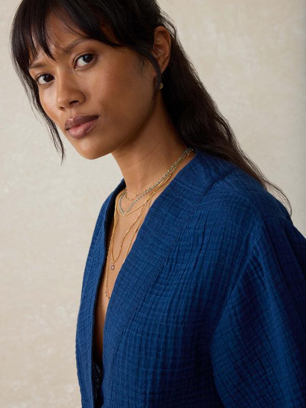 Faherty Dune Cotton Gauze Short Sleeve Popover - Dark Indigo Wash Women's Tops