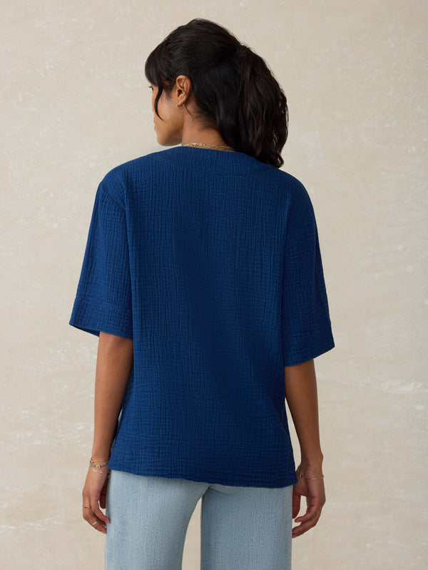 Faherty Dune Cotton Gauze Short Sleeve Popover - Dark Indigo Wash Women's Tops