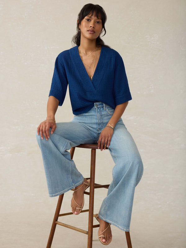 Faherty Dune Cotton Gauze Short Sleeve Popover - Dark Indigo Wash Women's Tops