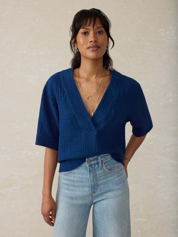 faherty Dune Cotton Gauze Short Sleeve Popover - Dark Indigo Wash Women's Tops