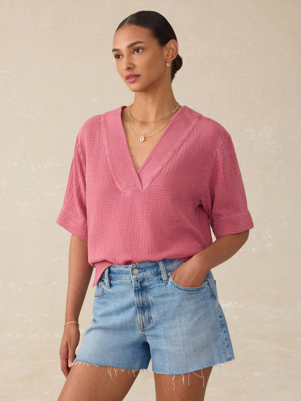 faherty Dune Cotton Gauze Short Sleeve Popover - Heather Rose Women's Tops