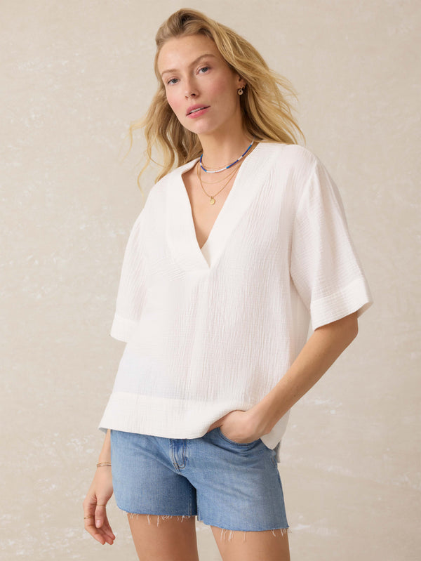 faherty Dune Cotton Gauze Short Sleeve Popover - White Women's Tops
