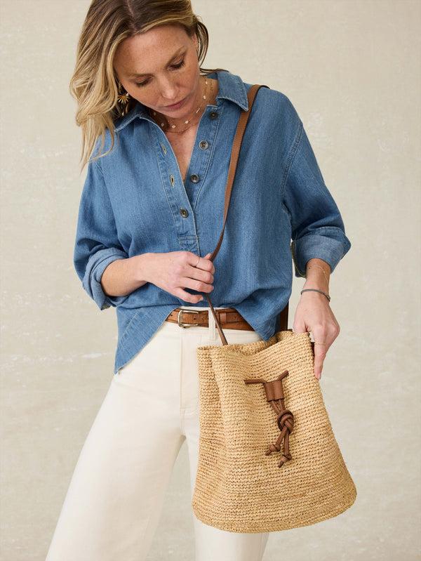 faherty Raffia Drawstring Bucket Bag - Natural Bags