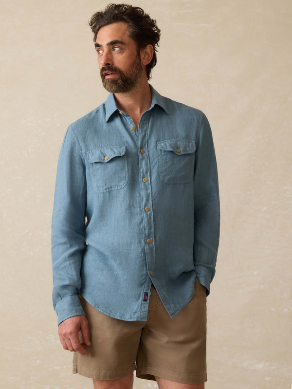 faherty Irish Linen Safari Shirt - Deep Marine Men's Button Ups