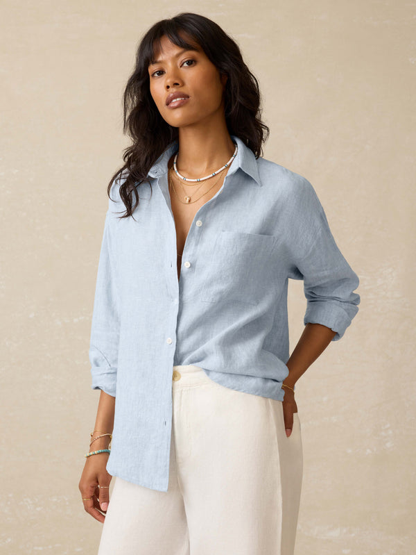 faherty Laguna Linen Relaxed Shirt - Blue Fog Women's Button Ups