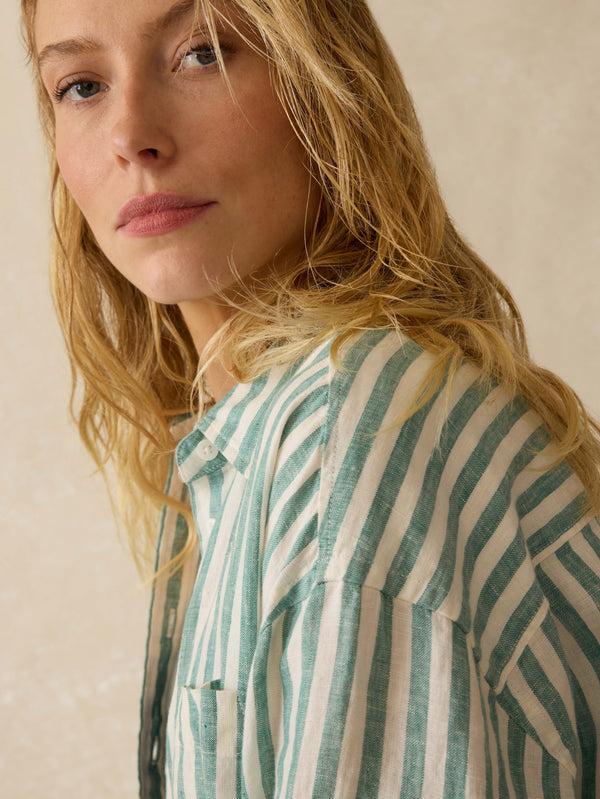 Faherty Laguna Linen Relaxed Shirt - Deep Jungle Lucy Stripe Women's Button Ups