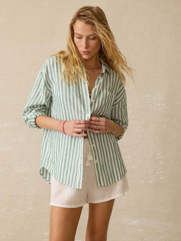 faherty Laguna Linen Relaxed Shirt - Deep Jungle Lucy Stripe Women's Button Ups