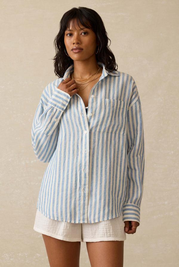 Faherty Laguna Linen Relaxed Shirt - Ocean Lucy Stripe Women's Button Ups