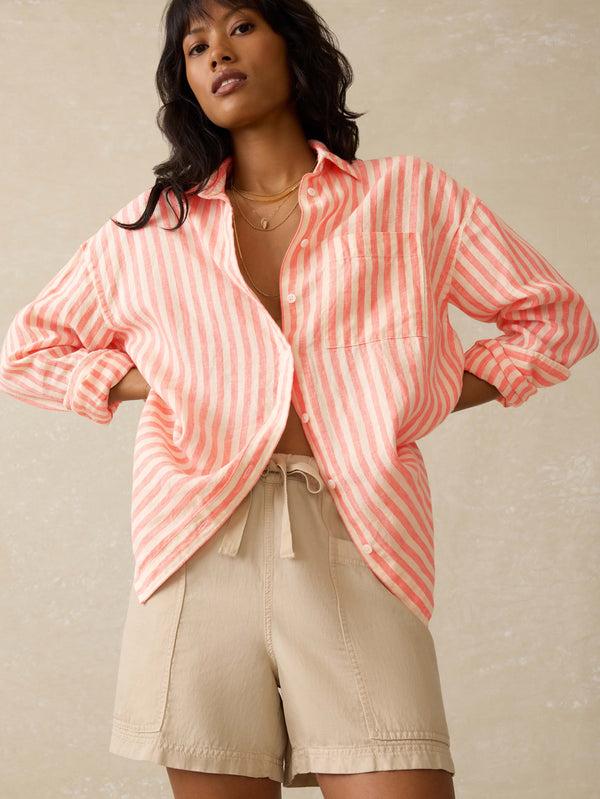 Faherty Laguna Linen Relaxed Shirt - Peach Lucy Stripe Women's Button Ups