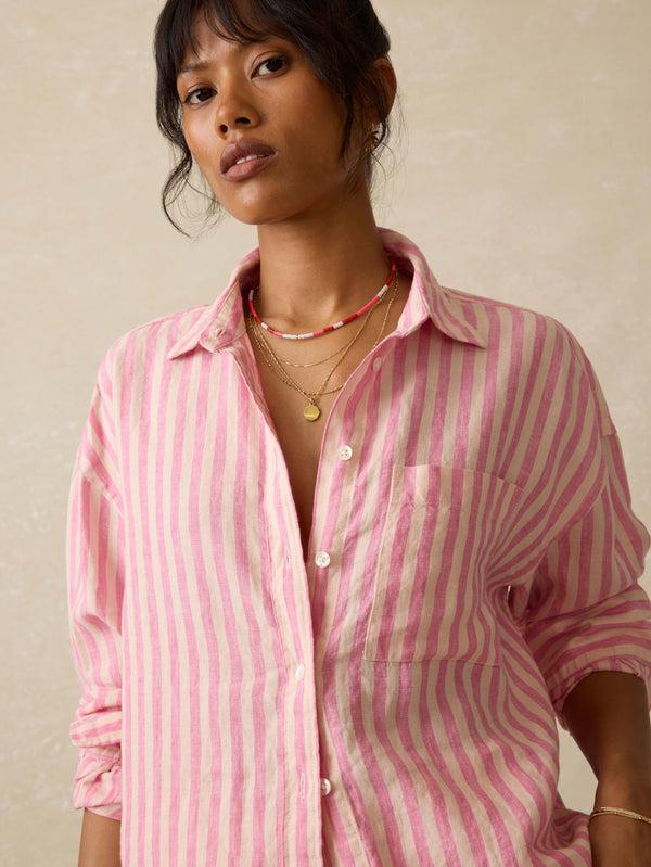 Faherty Laguna Linen Relaxed Shirt - Pink Lucy Stripe Women's Button Ups
