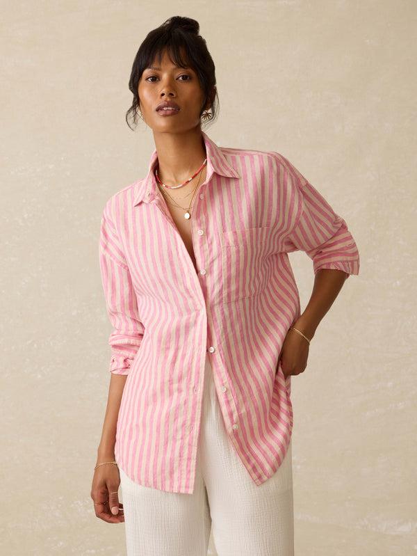 faherty Laguna Linen Relaxed Shirt - Pink Lucy Stripe Women's Button Ups