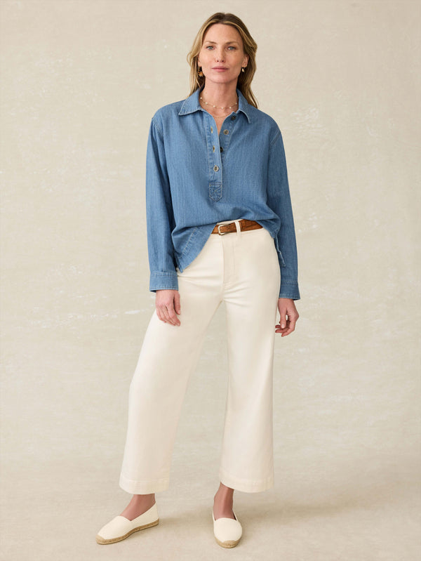 Faherty Linen Denim Oceanview Blouse - Coastal Cloud Wash Women's Tops