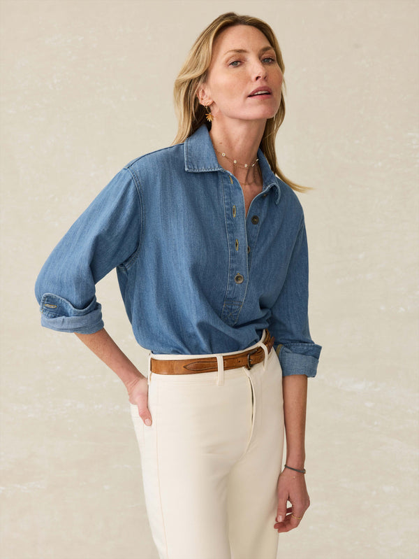 faherty Linen Denim Oceanview Blouse - Coastal Cloud Wash Women's Tops