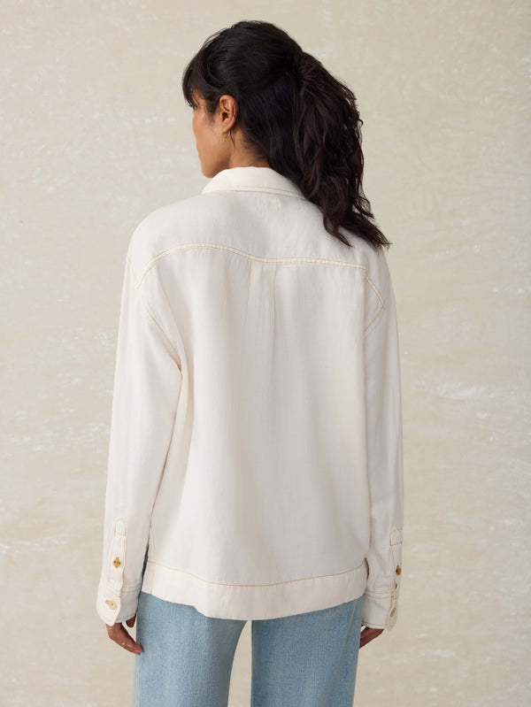 Faherty Linen Denim Sail Away Blouse - Egret Women's Tops