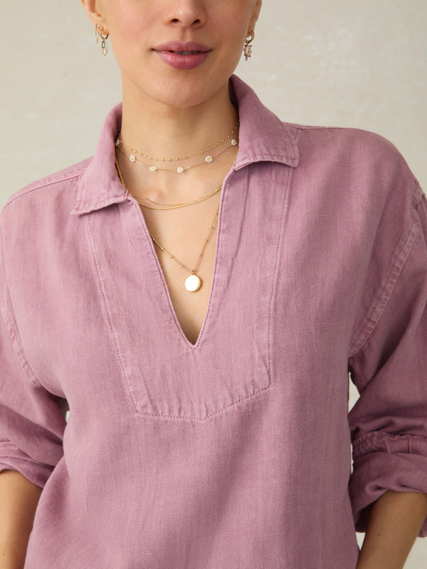 Faherty Linen Denim Sail Away Blouse - Weathered Orchid Women's Tops