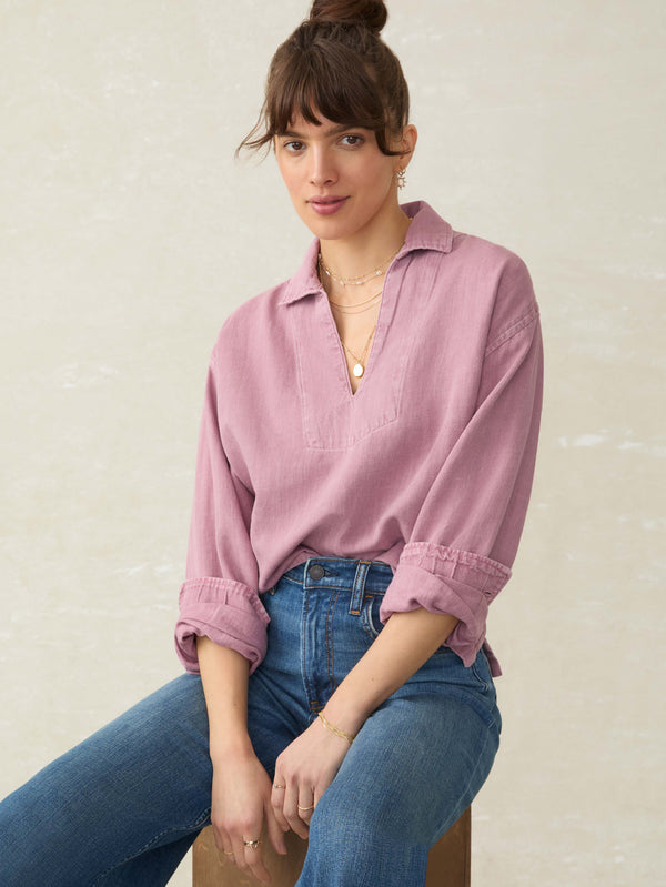 Faherty Linen Denim Sail Away Blouse - Weathered Orchid Women's Tops
