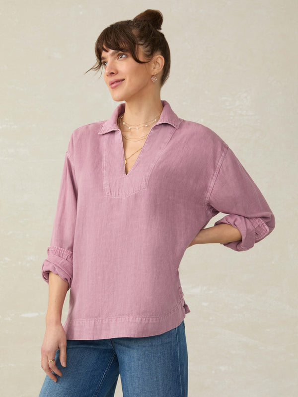 faherty Linen Denim Sail Away Blouse - Weathered Orchid Women's Tops