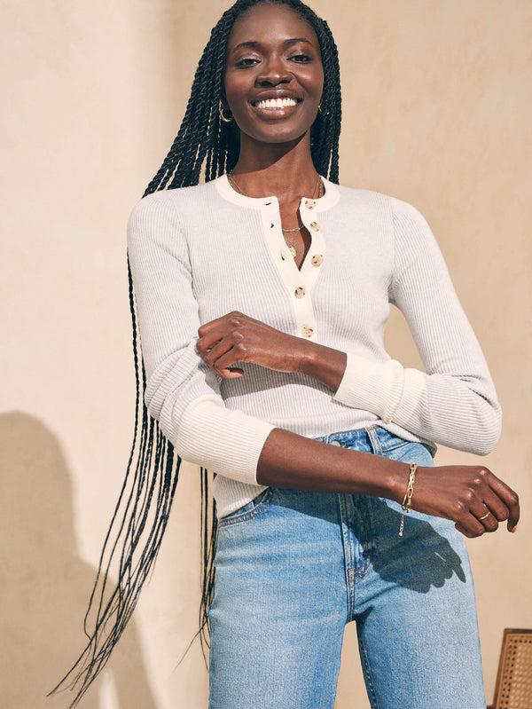 Faherty Mikki Henley - Neutral Colorblock Women's Sweaters