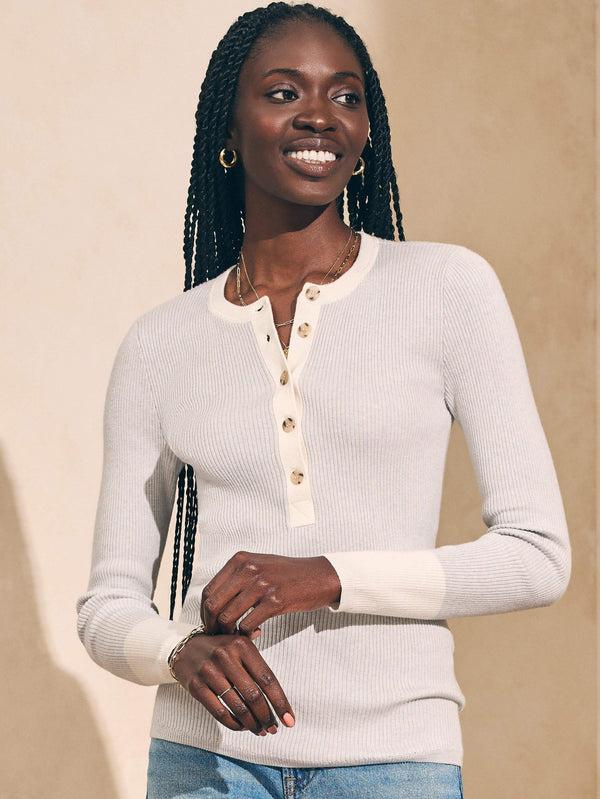Faherty Mikki Henley - Neutral Colorblock Women's Sweaters