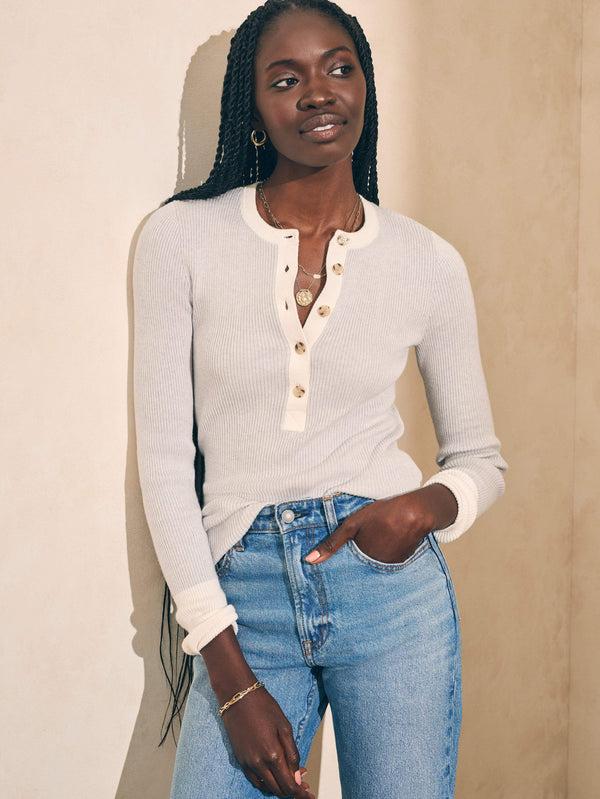 faherty Mikki Henley - Neutral Colorblock Women's Sweaters