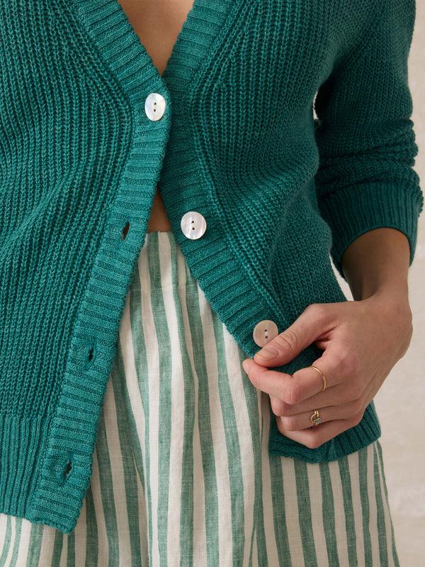 Faherty Miramar Linen Cardigan - Deep Jungle Women's Sweaters
