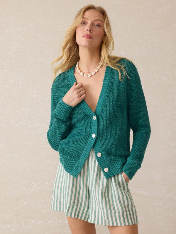 faherty Miramar Linen Cardigan - Deep Jungle Women's Sweaters