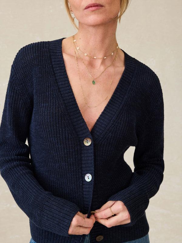 Faherty Miramar Linen Cardigan - Navy Blazer Women's Sweaters