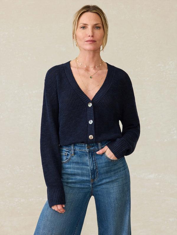 faherty Miramar Linen Cardigan - Navy Blazer Women's Sweaters