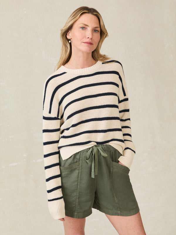 faherty Miramar Linen Crewneck - Montauk Stripe Women's Sweaters