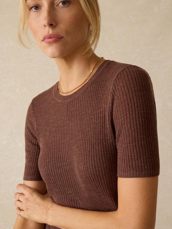 Faherty Miramar Linen Mini Rib Tee - Cocoa Women's Sweaters