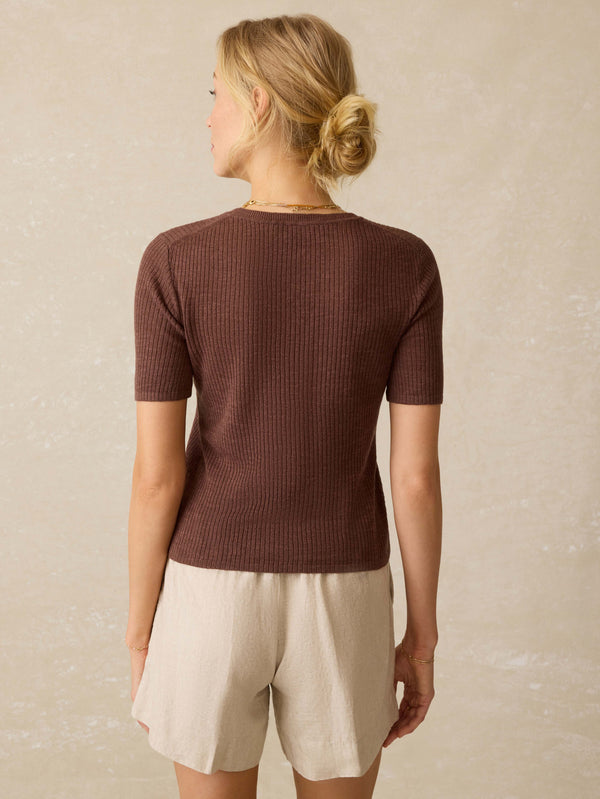 Faherty Miramar Linen Mini Rib Tee - Cocoa Women's Sweaters