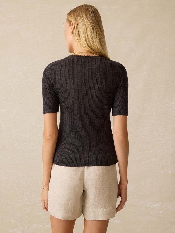 Faherty Miramar Linen Mini Rib Tee - Washed Black Women's Sweaters