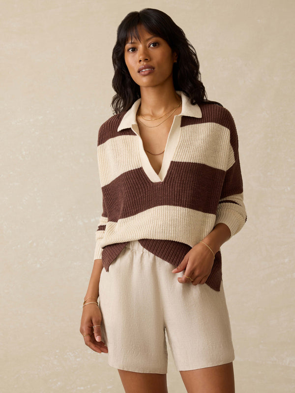 Faherty Miramar Linen Polo Sweater - Cocoa Rugby Stripe Women's Sweaters