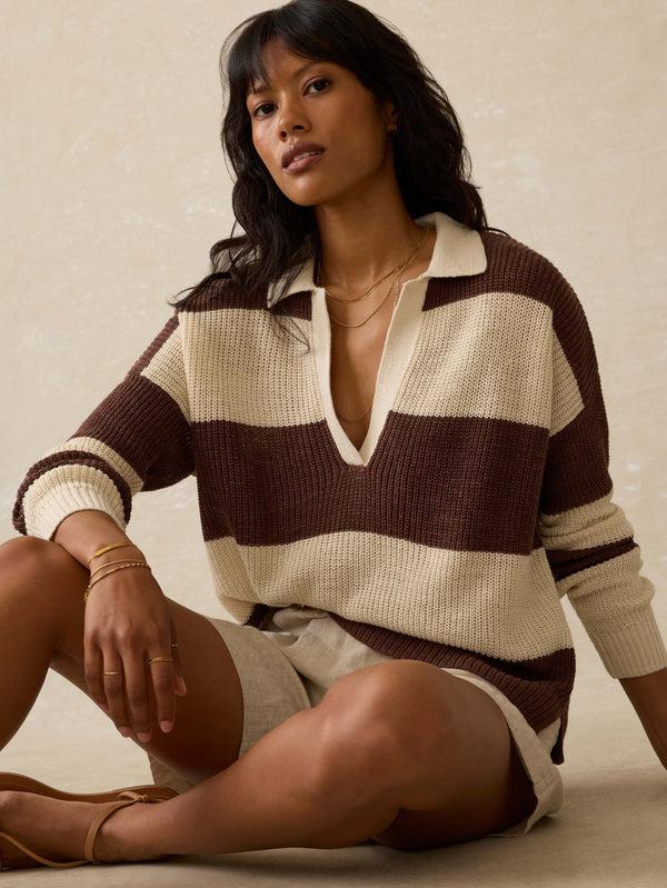 Faherty Miramar Linen Polo Sweater - Cocoa Rugby Stripe Women's Sweaters