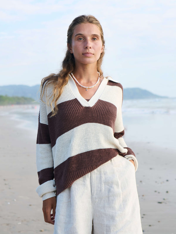 faherty Miramar Linen Polo Sweater - Cocoa Rugby Stripe Women's Sweaters