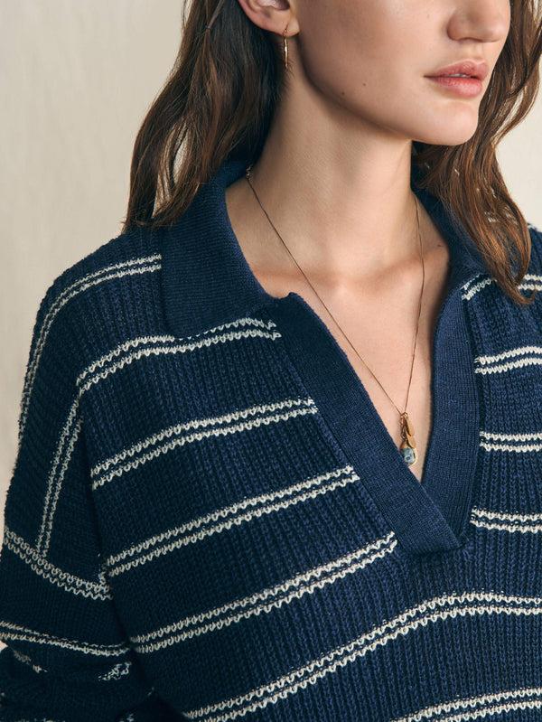 Faherty Miramar Linen Polo Sweater - Navy Mystic Stripe Women's Sweaters
