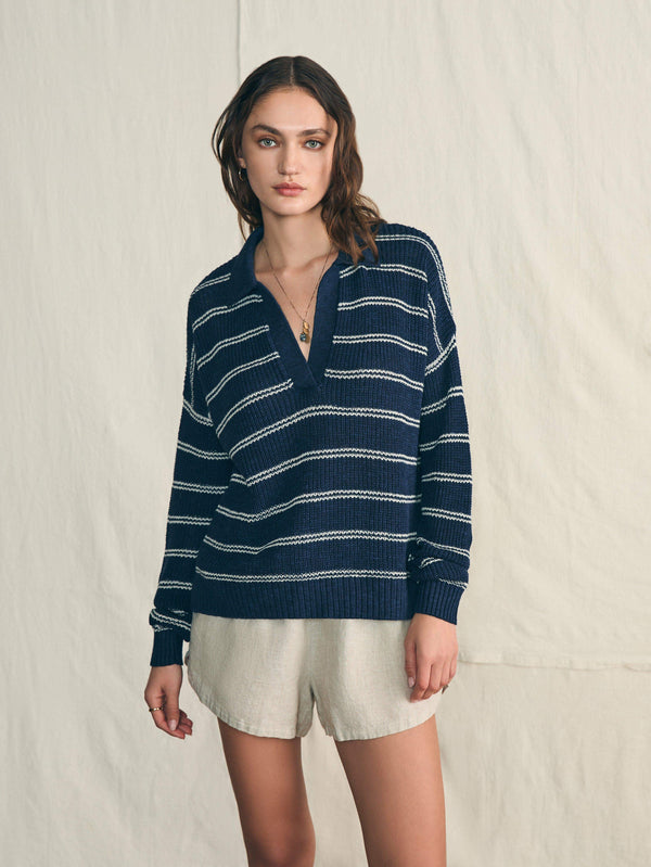 Faherty Miramar Linen Polo Sweater - Navy Mystic Stripe Women's Sweaters