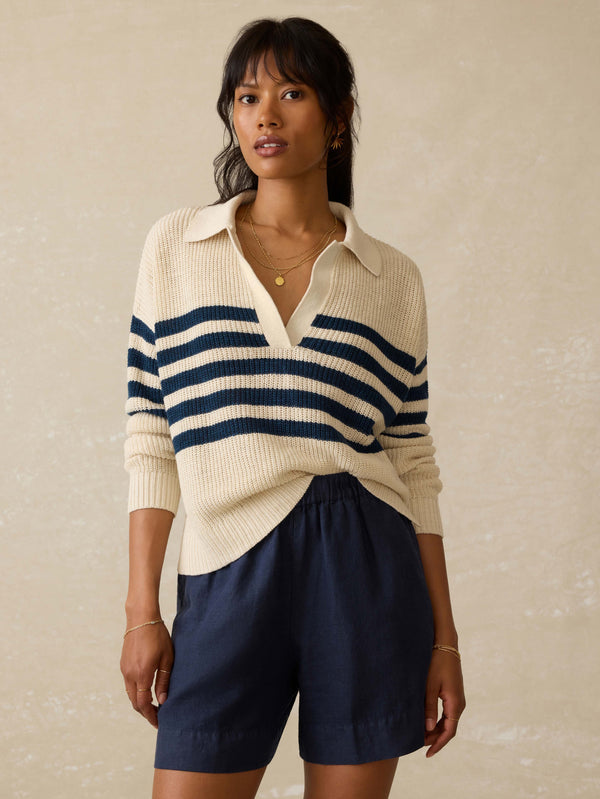 faherty Miramar Linen Polo Sweater - Ocean Ties Stripe Women's Sweaters