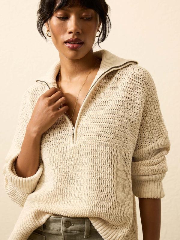 faherty Miramar Linen Quarter Zip - Summer Sand Women's Sweaters