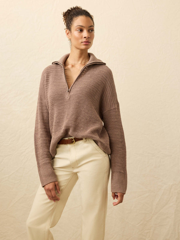 Faherty Miramar Linen Quarter Zip - Wood Smoke Women's Sweaters